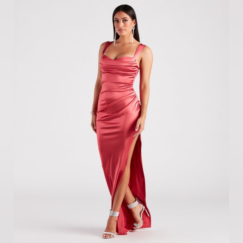 Windsor Kirsten Satin Cowl Neck High Slit Formal Dress - Picture 2 of 10
